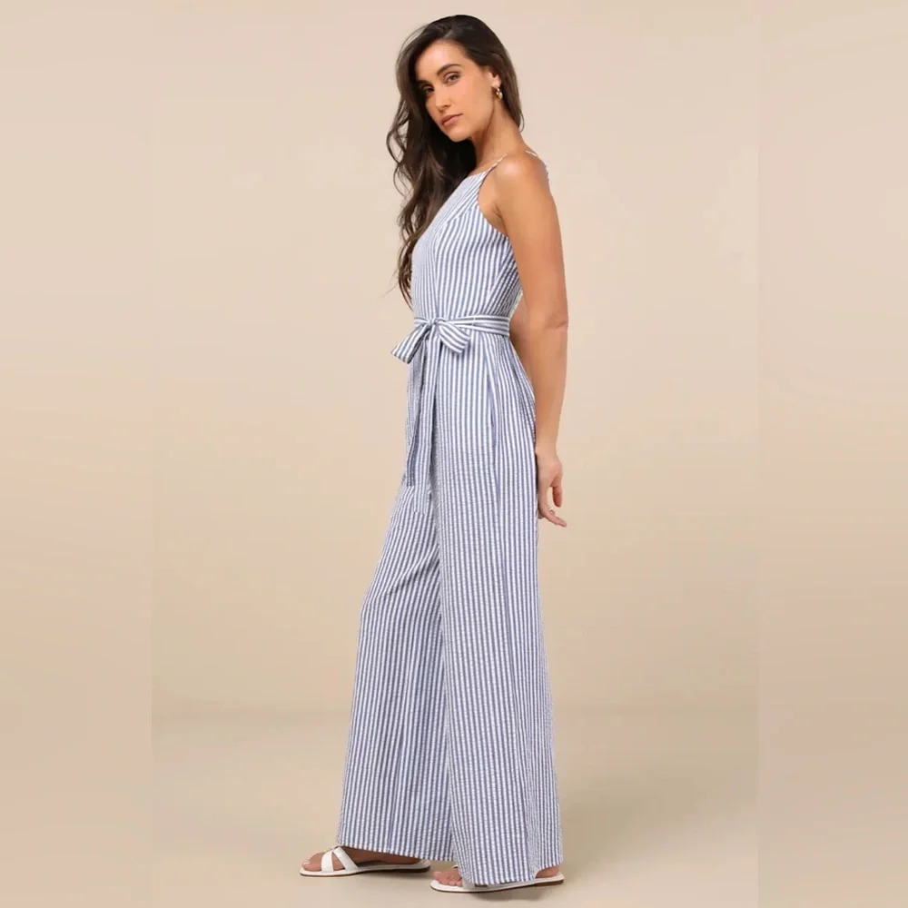 Messina Blue Striped Wide-Leg Jumpsuit by Lulus - Picture 2 of 9